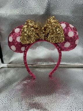 Disney Minnie Mouse Ears Headband Pink Polka Dot Sequins Gold Bow